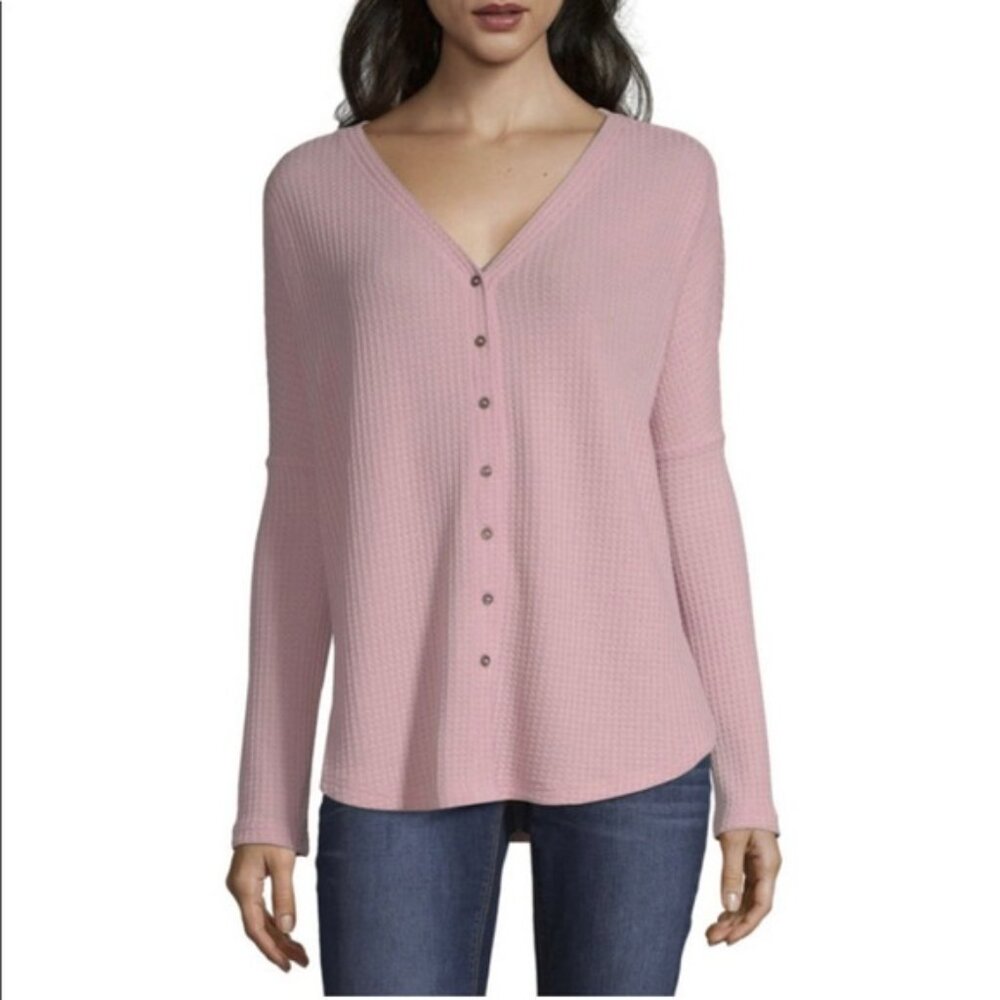 a.n.a L/S V-Neck Waffle Button Front Top-Tall
